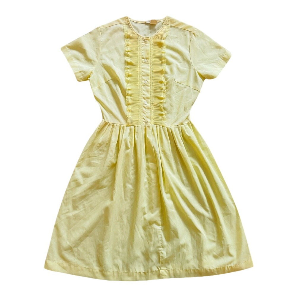 Vintage NPC Fashions Yellow Pleated Lace Trim Midi Dress Short Sleeve Retro 14.5